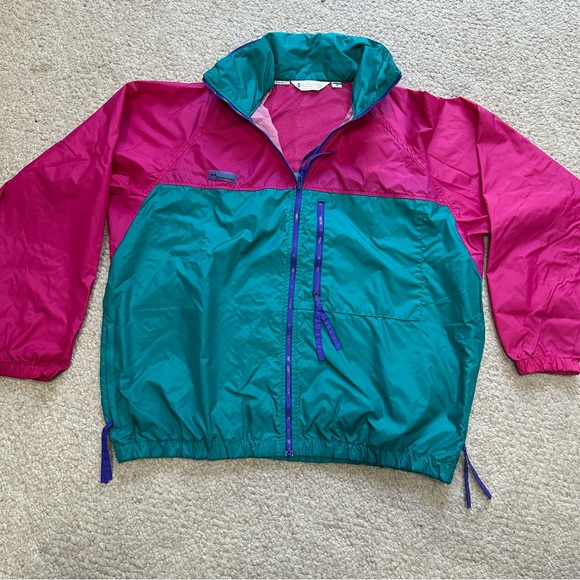 Vintage Columbia Windbreaker Jacket Green Pink Zip Up Hood Women Size XL - Picture 1 of 11